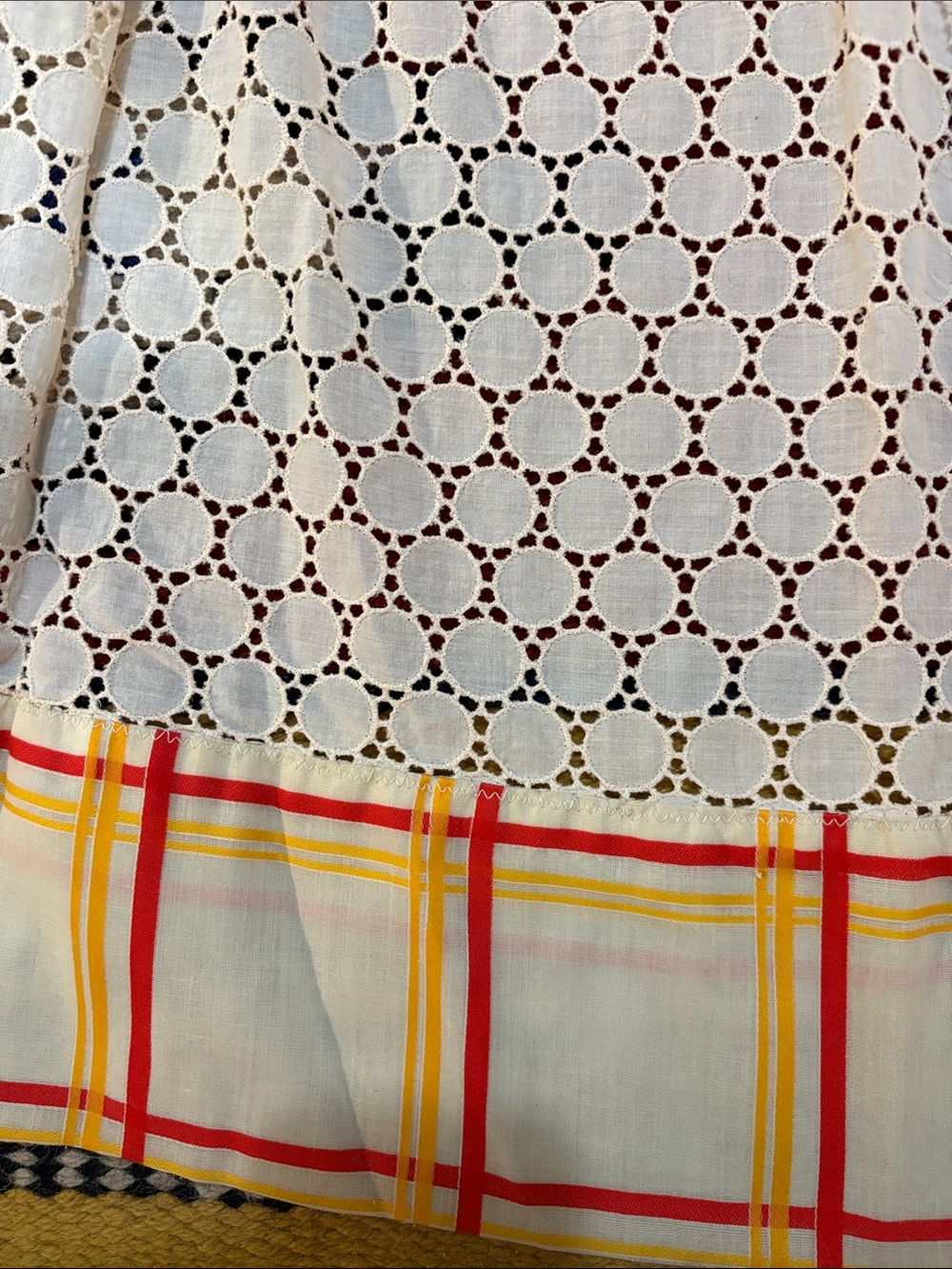 VINTAGE OOAK Cream Lace Maxi Dress with Yellow & Red Plaid Trim - Picture 6 of 11